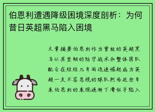 伯恩利遭遇降级困境深度剖析：为何昔日英超黑马陷入困境
